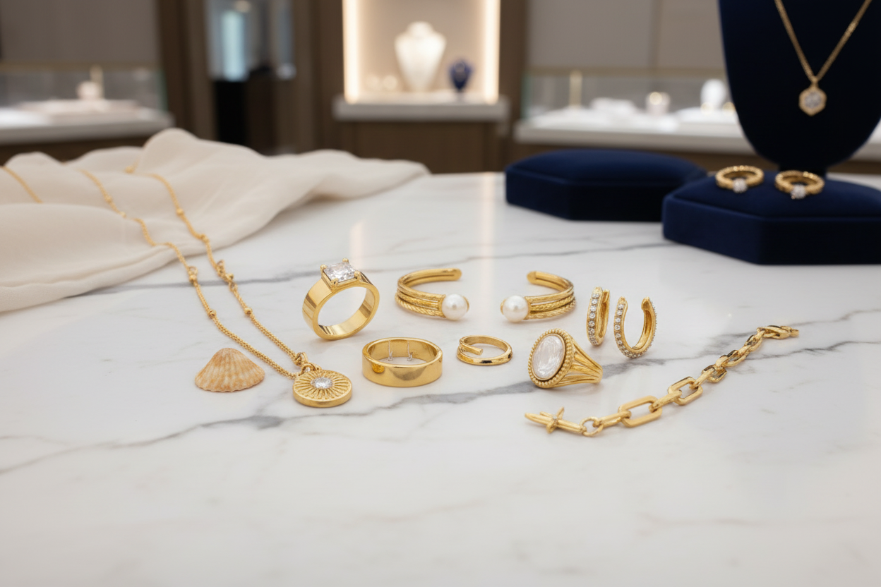 Gold jewelry set on a textured surface with a scenic background, featuring the brand 'Timeles Shine'.