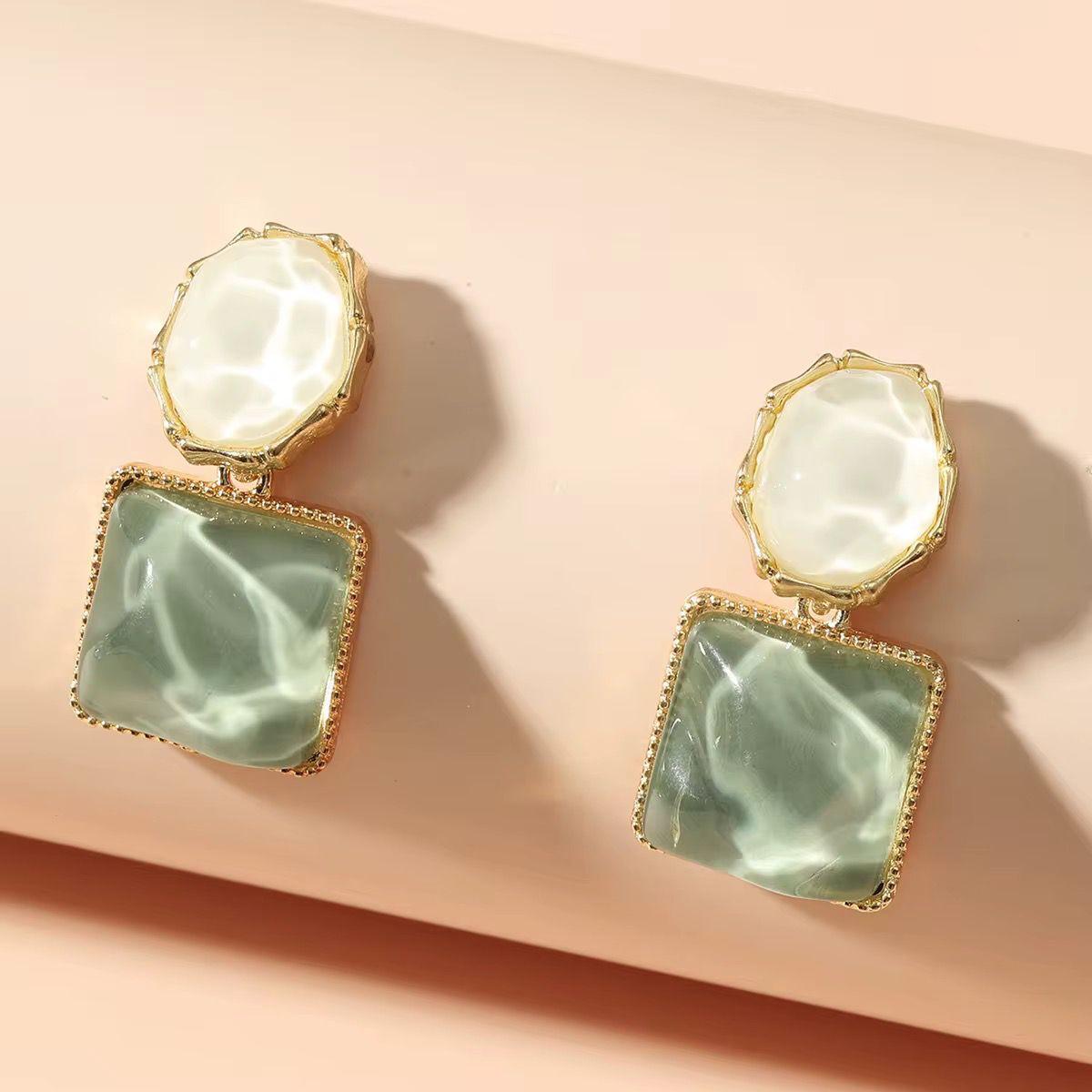 Green Drop Marble Square Diamond Stud Earring
