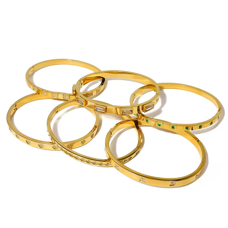 Real Gold Plated 304 Stainless Steel PVD Coated Zircon Solid Color Waterproof Non Tarnish Surgical Steel Simple Style Shiny Bangle