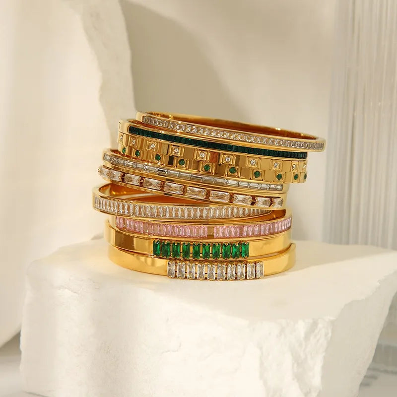 Real Gold Plated 304 Stainless Steel PVD Coated Zircon Solid Color Waterproof Non Tarnish Surgical Steel Simple Style Shiny Bangle
